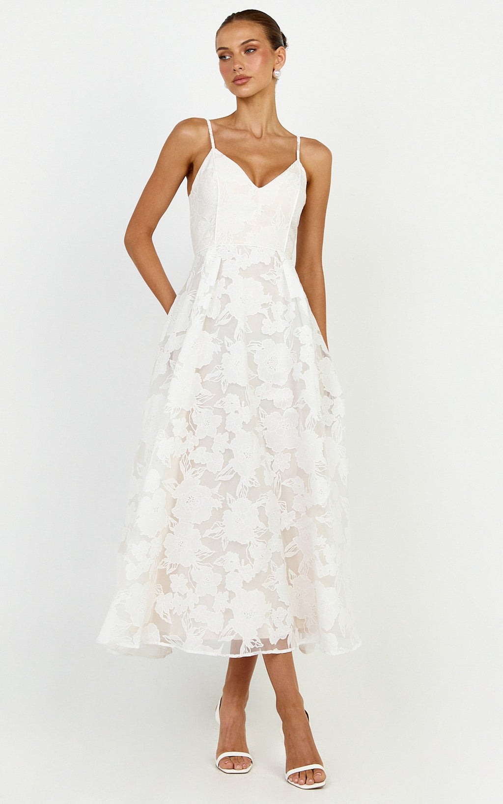 Philine Midi Elbise - Beyaz Jakarlı Derin Dekolteli Fit & Flare Elbise