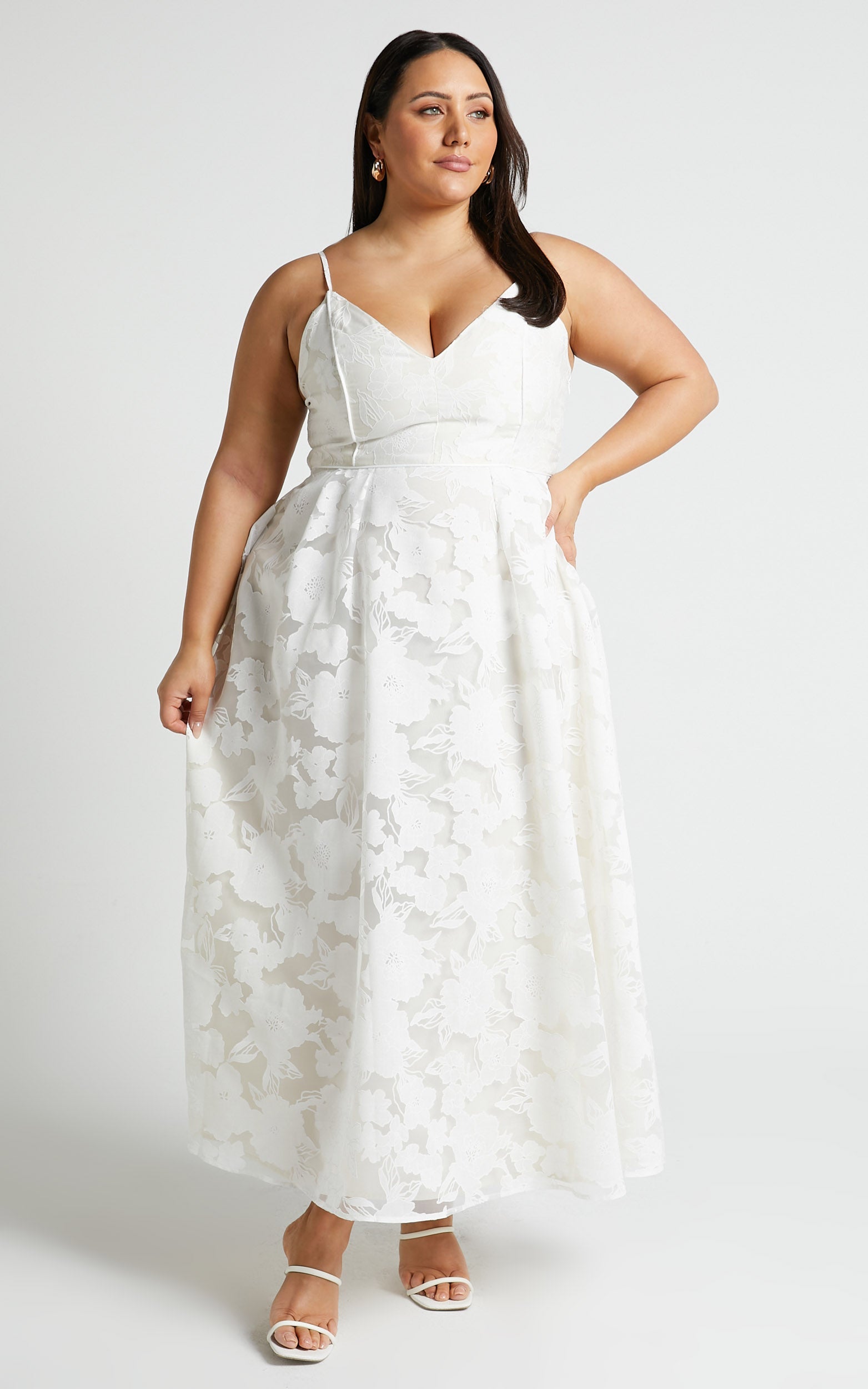 Philine Midi Elbise - Beyaz Jakarlı Derin Dekolteli Fit & Flare Elbise