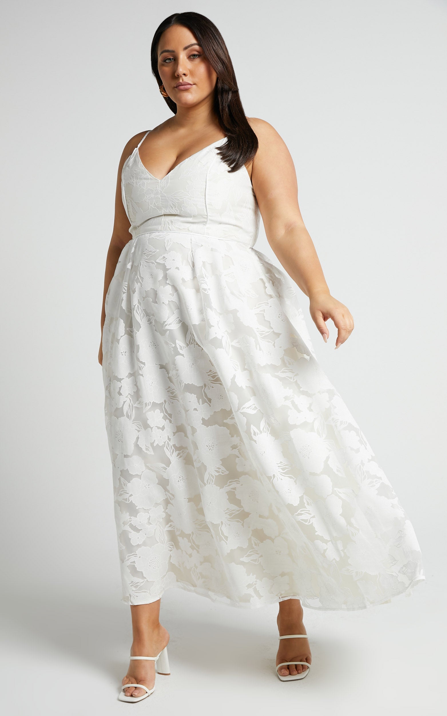 Philine Midi Elbise - Beyaz Jakarlı Derin Dekolteli Fit & Flare Elbise