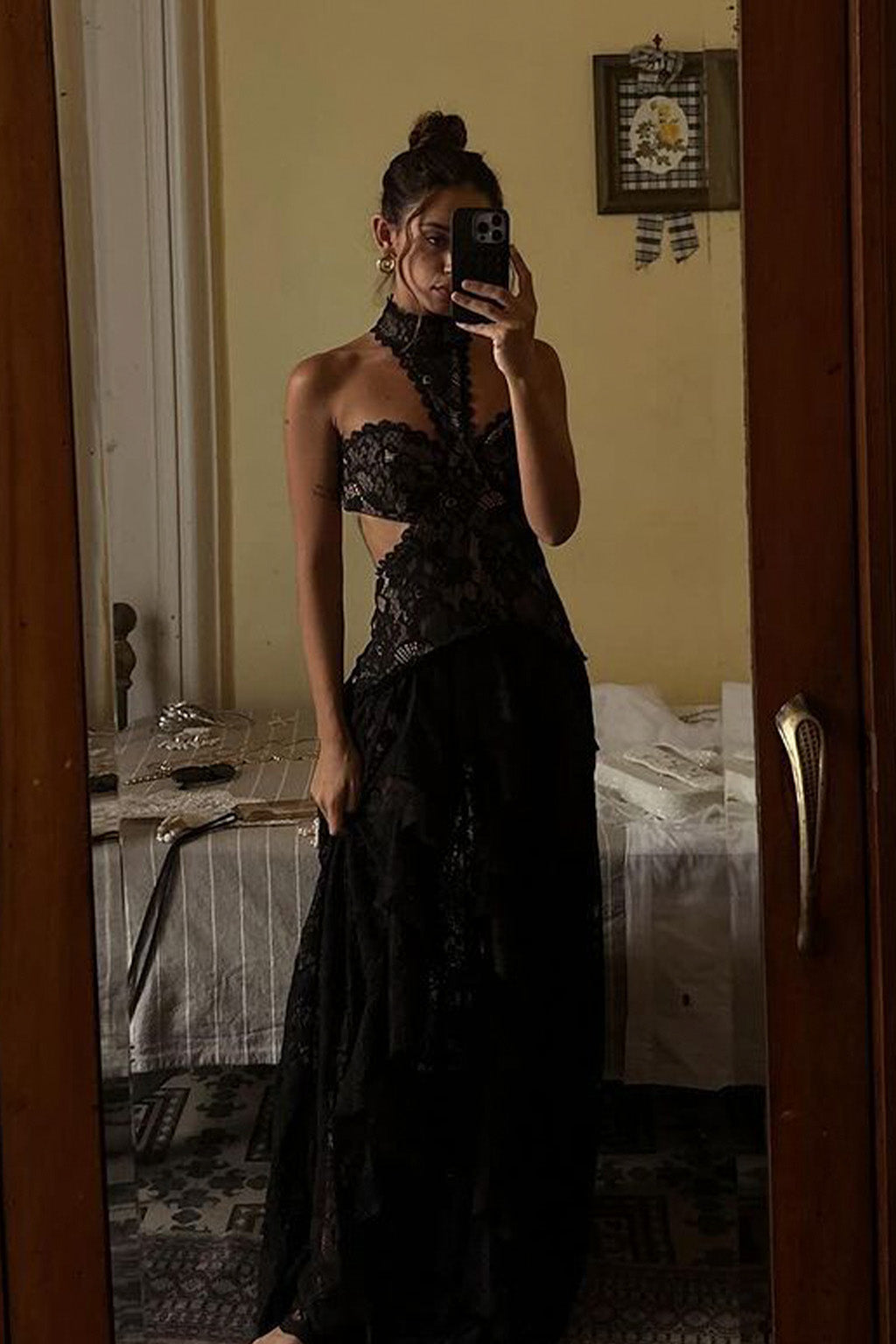 Princesa Siyah Dantelli Düşük Belli Maxi Elbise