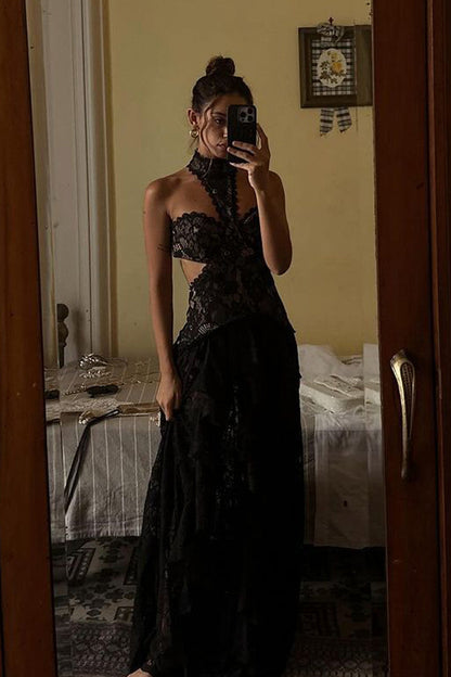 Princesa Siyah Dantelli Düşük Belli Maxi Elbise