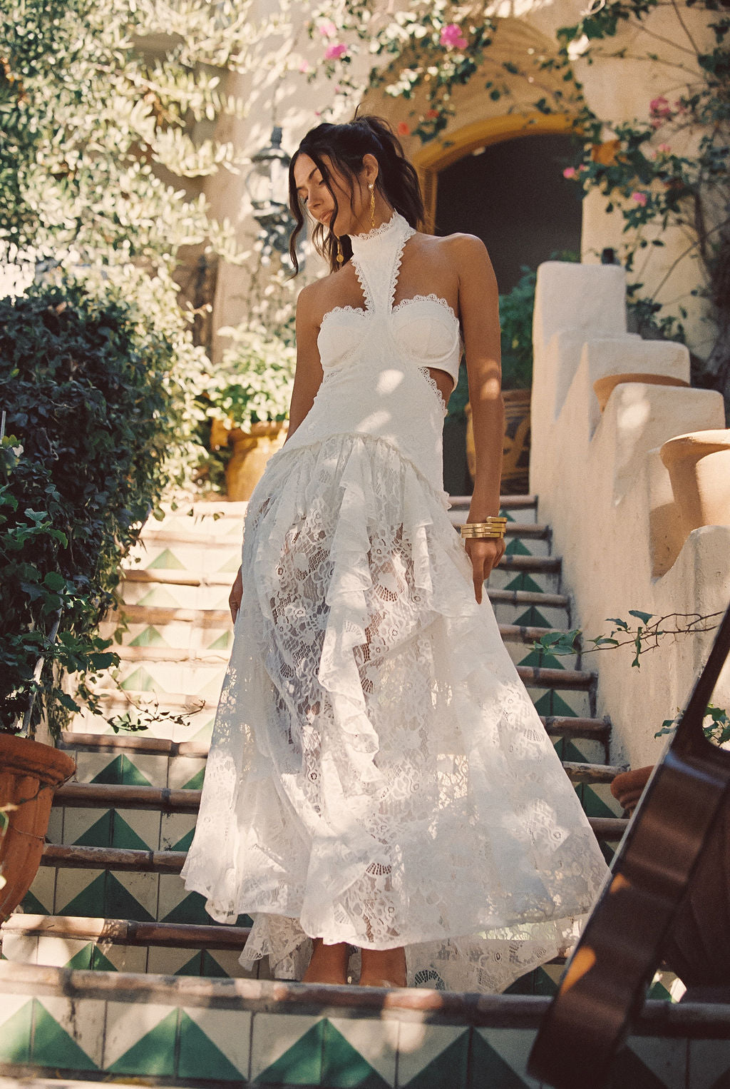 Princesa Beyaz Dantelli Düşük Belli Maxi Elbise