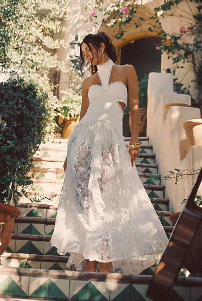 Princesa Beyaz Dantelli Düşük Belli Maxi Elbise