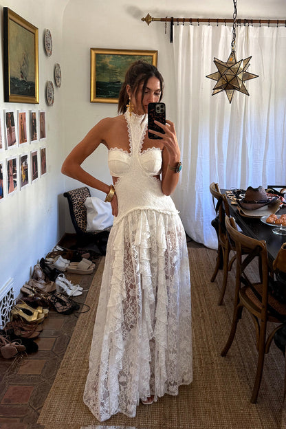 Princesa Beyaz Dantelli Düşük Belli Maxi Elbise