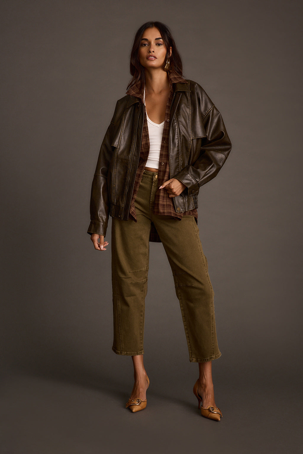 London Calling Kahverengi Oversize Suni Deri Ceket