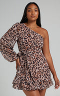 Sherlena Mini Elbise - Leopar Desenli Tek Omuz Elbise