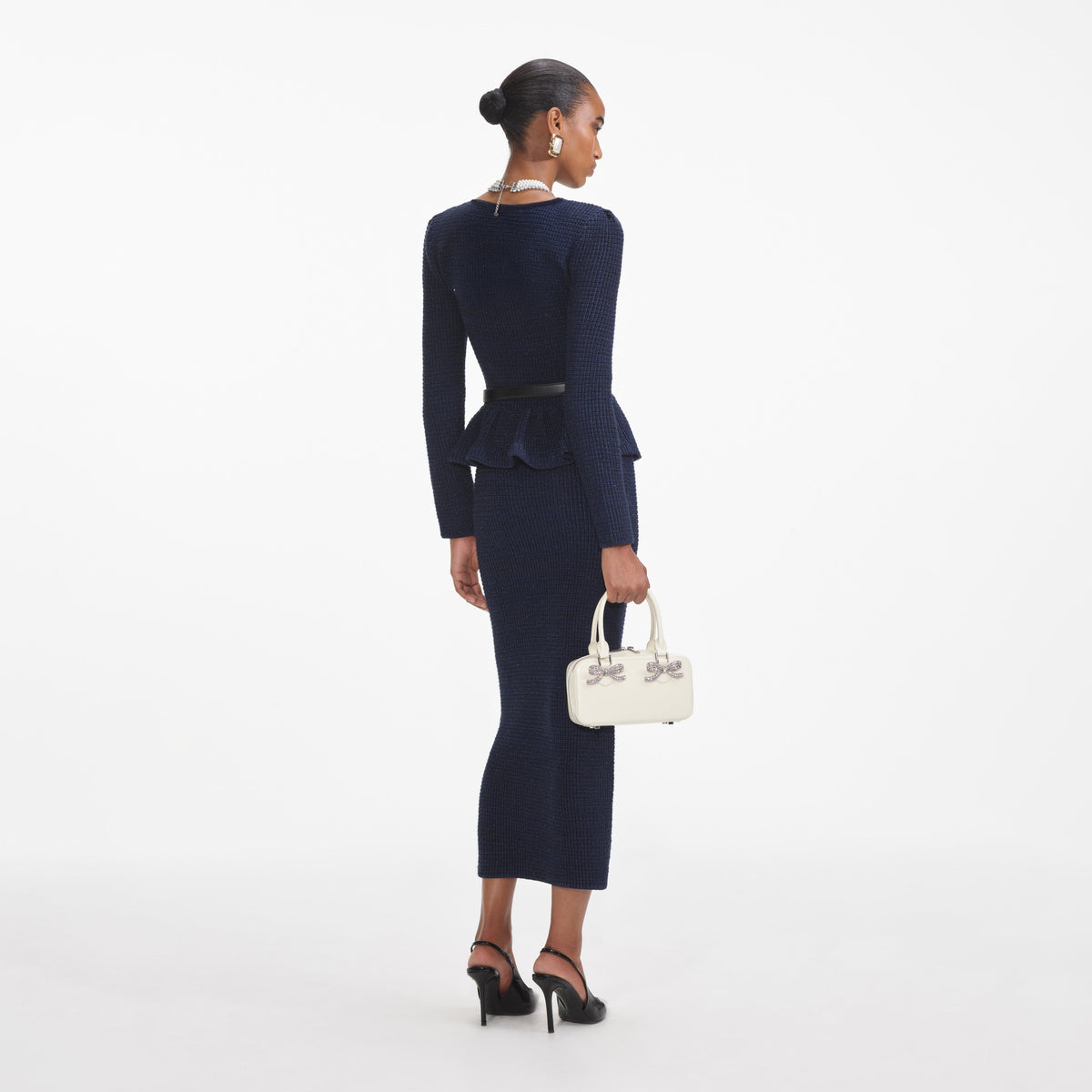 Lacivert Örme Peplum Midi Elbise