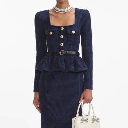 Lacivert Örme Peplum Midi Elbise