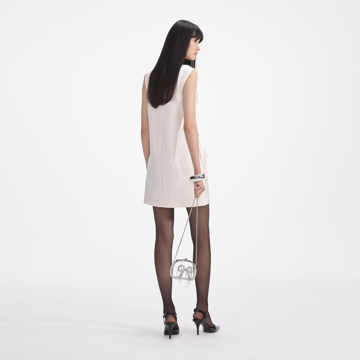 Krem 3D Çiçekli Saten Mini Elbise