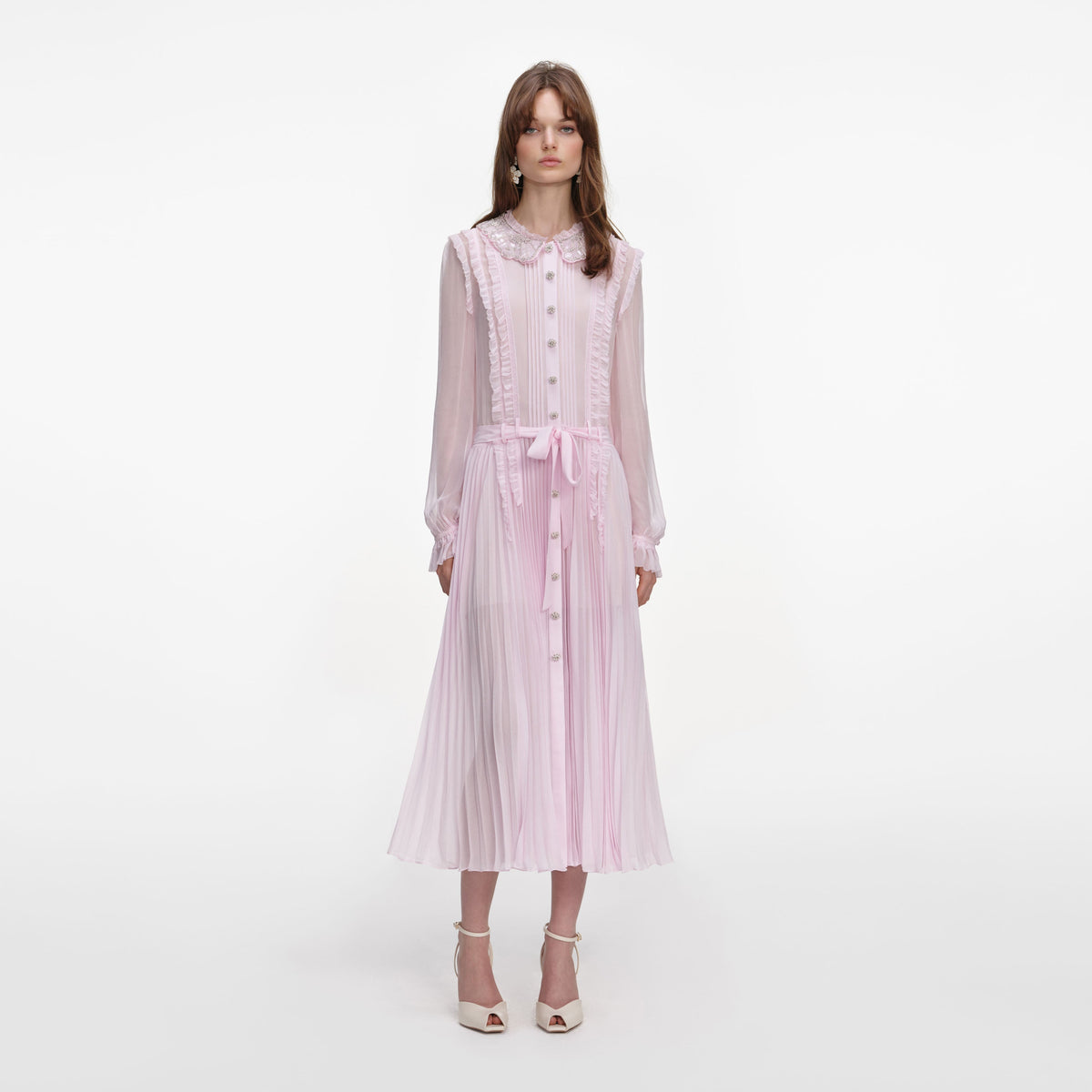 Pembe Pileli Georgette Midi Elbise