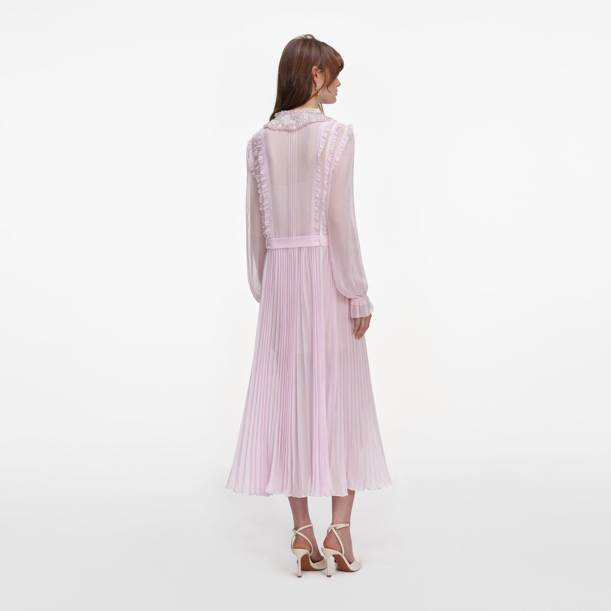 Pembe Pileli Georgette Midi Elbise