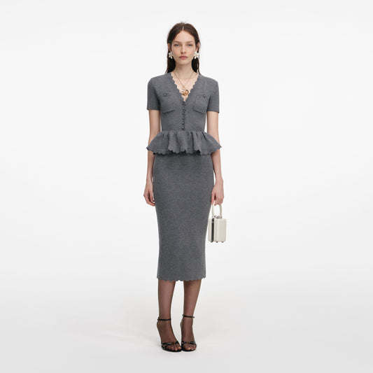 Gri Peplum Örgü Midi Elbise