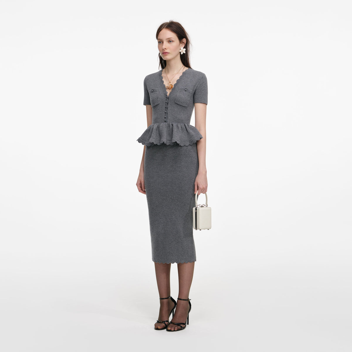 Gri Peplum Örgü Midi Elbise