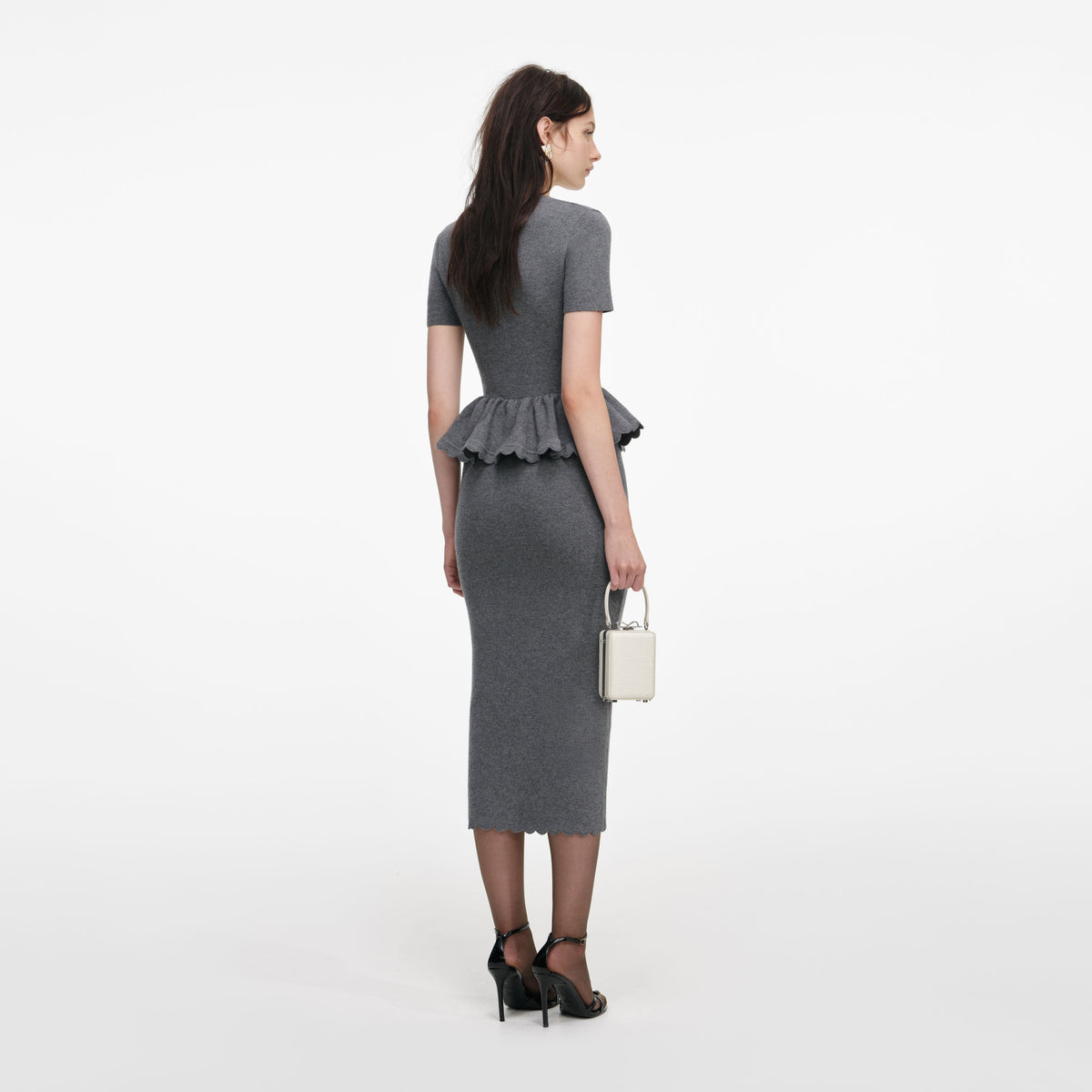 Gri Peplum Örgü Midi Elbise