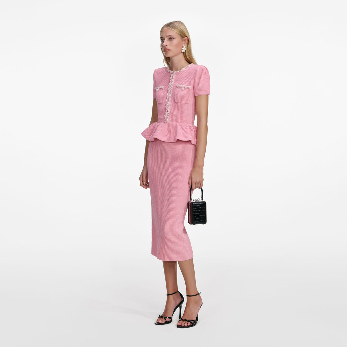 Pembe Peplum Örgü Midi Elbise