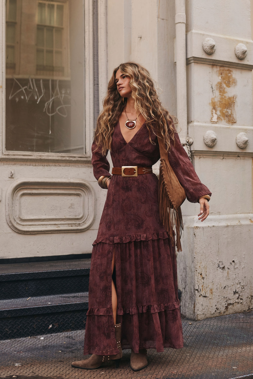 Raindance Mor Dut Paisley Desenli Uzun Kollu Maxi Elbise