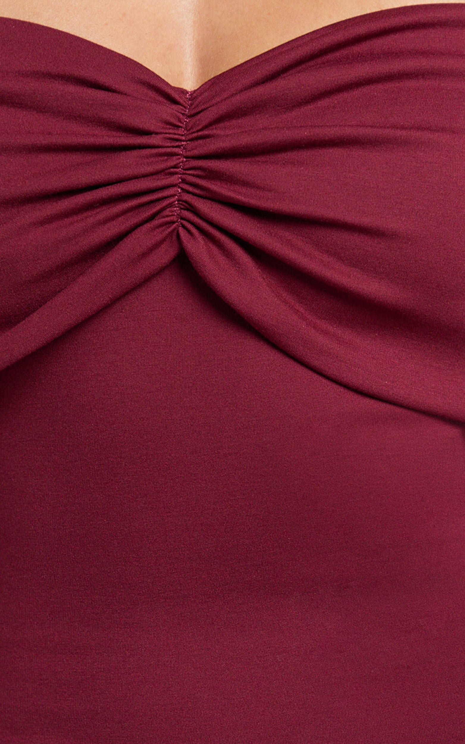 Rani Mini Elbise - Bordo Omuzları Açık Uzun Kollu Bodycon Elbise