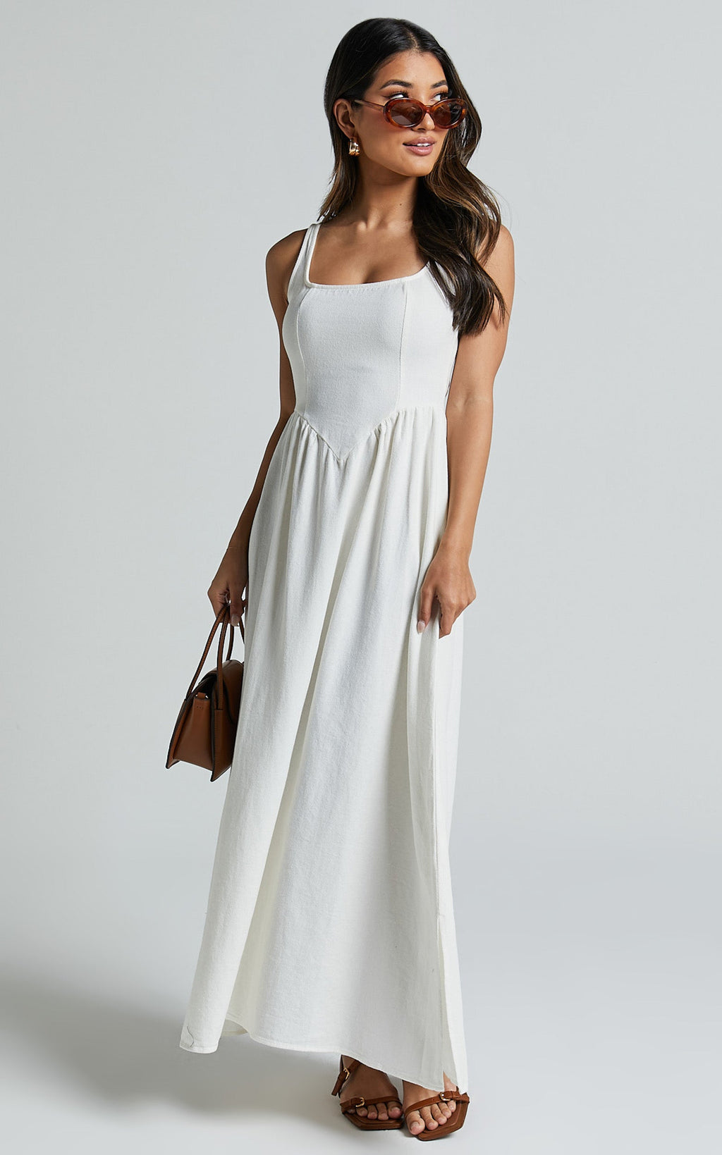 Rhaziya Midi Elbise - Beyaz Kolsuz Düz Yaka Fit & Flare Elbise