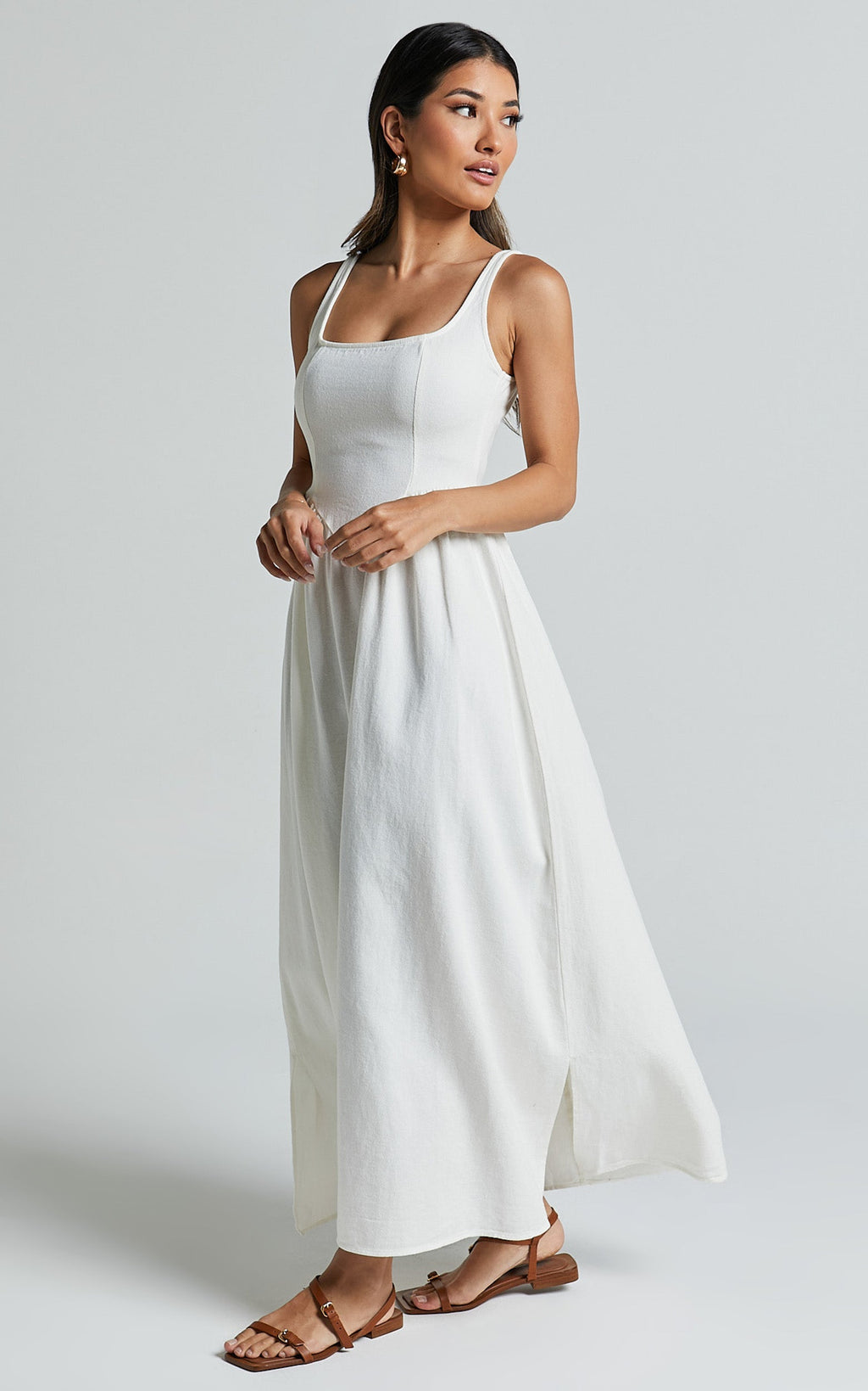 Rhaziya Midi Elbise - Beyaz Kolsuz Düz Yaka Fit & Flare Elbise