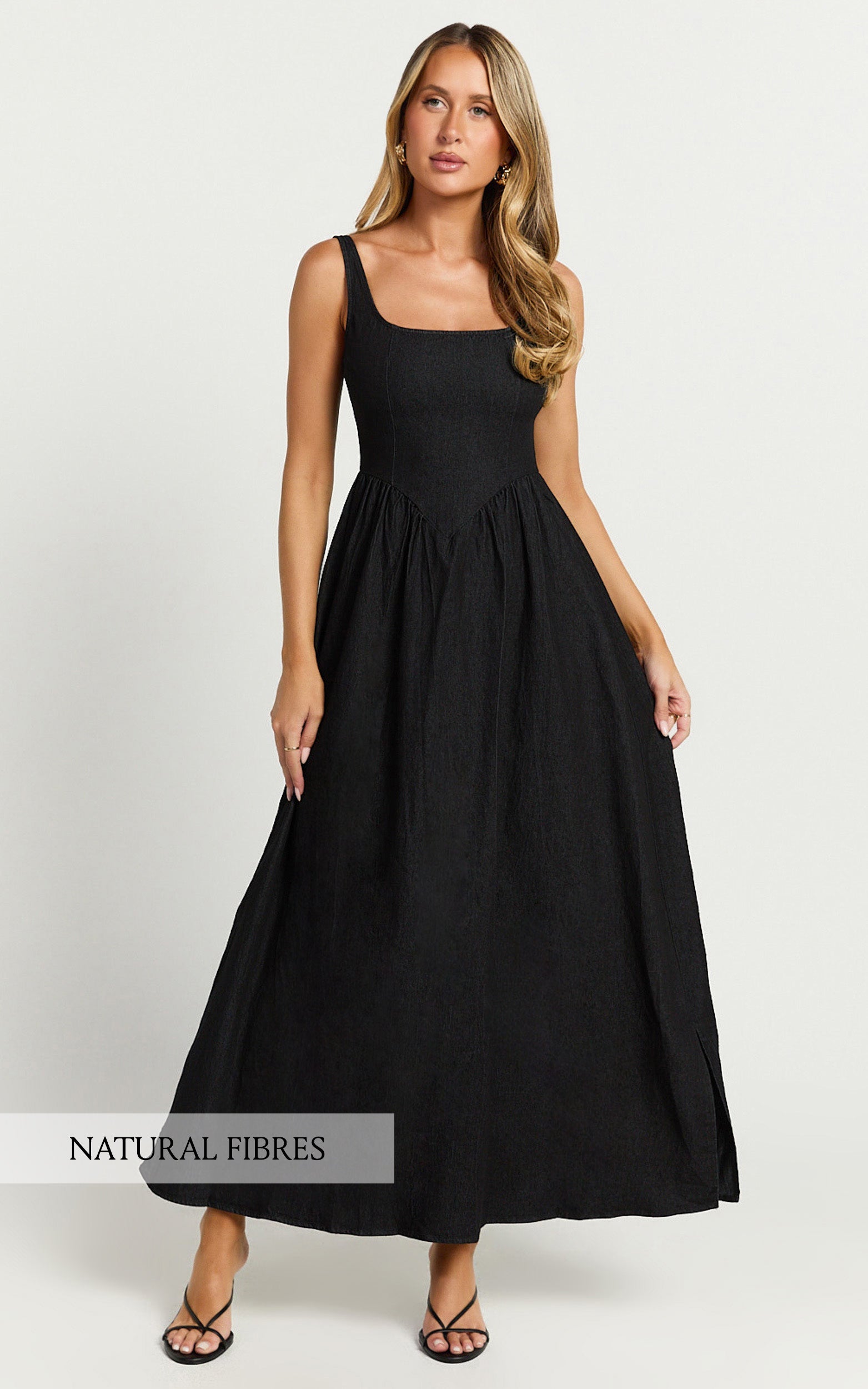 Rhaziya Midi Elbise - Siyah Kolsuz Düz Yaka Fit & Flare Elbise