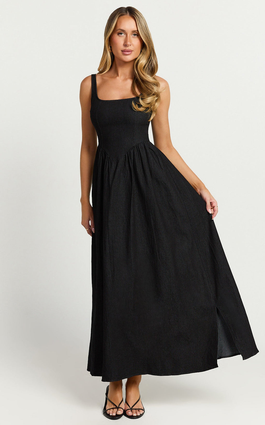 Rhaziya Midi Elbise - Siyah Kolsuz Düz Yaka Fit & Flare Elbise