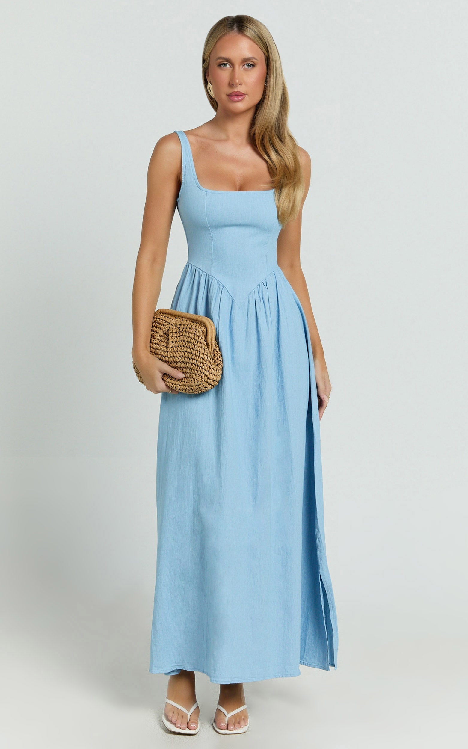 Rhaziya Midi Elbise - Mavi Kolsuz Düz Yaka Fit & Flare Elbise