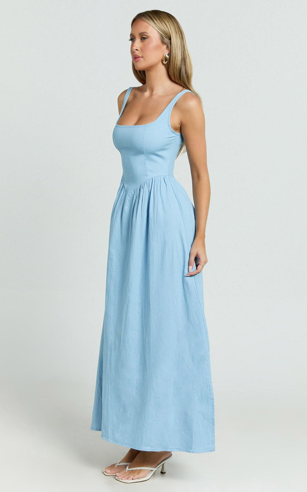 Rhaziya Midi Elbise - Mavi Kolsuz Düz Yaka Fit & Flare Elbise