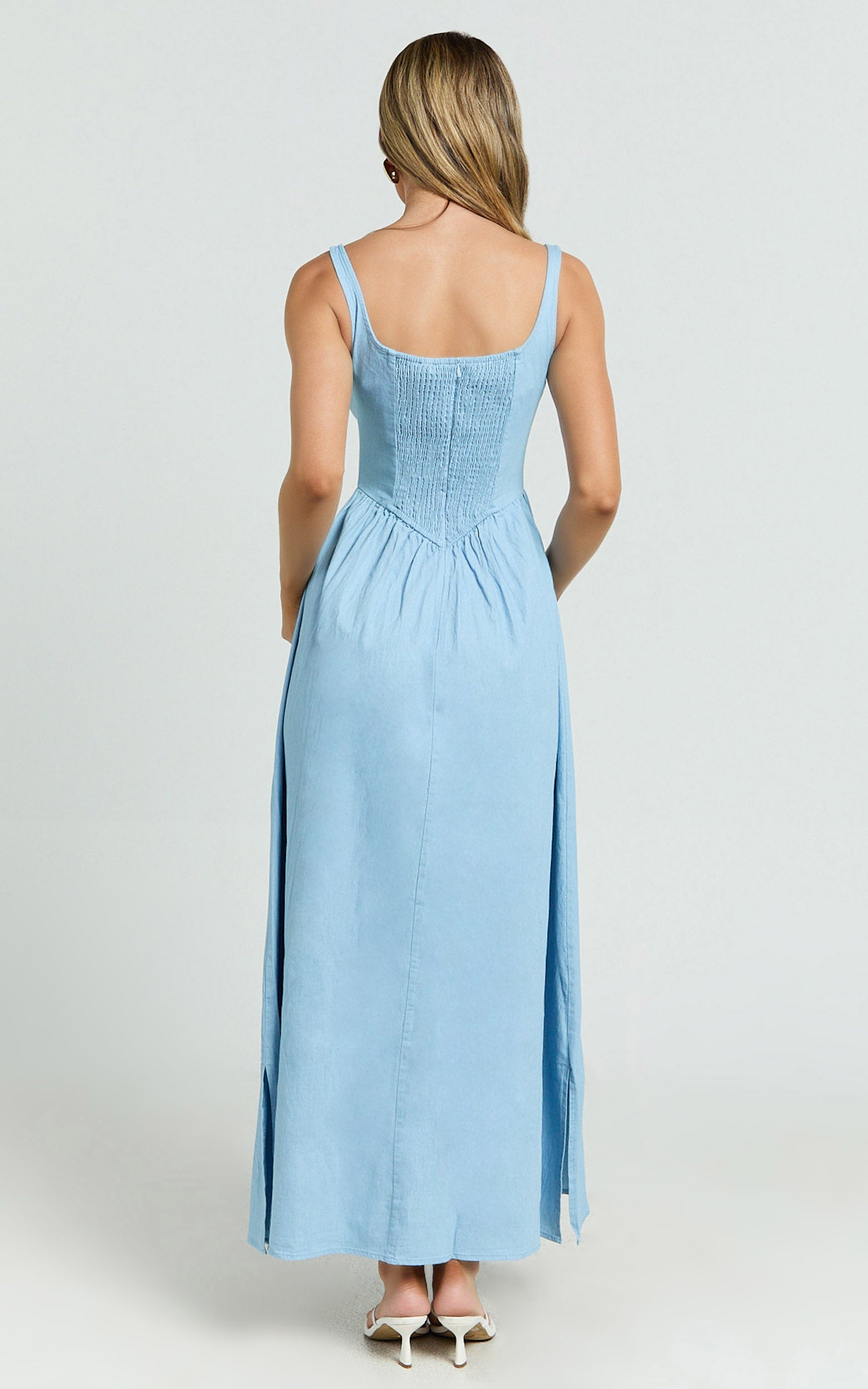 Rhaziya Midi Elbise - Mavi Kolsuz Düz Yaka Fit & Flare Elbise