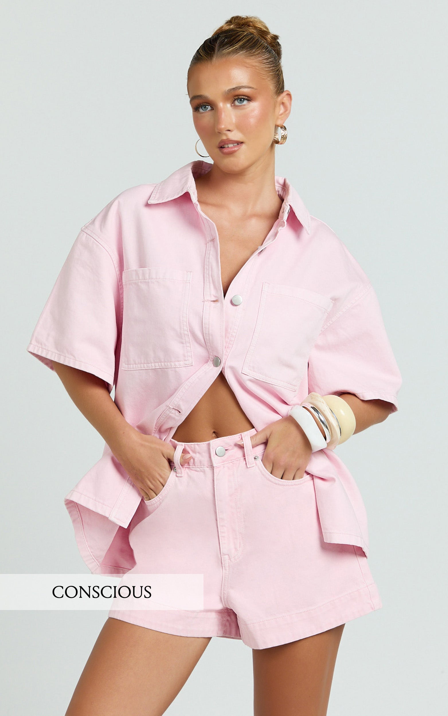Rhianna Üst - Oversize Geri Dönüştürülmüş Denim Kısa Kollu Gömlek - Pembe