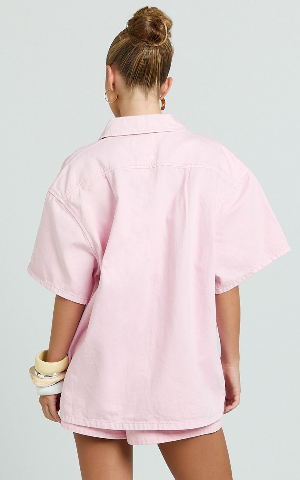 Rhianna Üst - Oversize Geri Dönüştürülmüş Denim Kısa Kollu Gömlek - Pembe