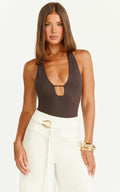 Ricki Bodysuit - Derin Dekolteli T-Bar Ön Detaylı Bodysuit - Çikolata