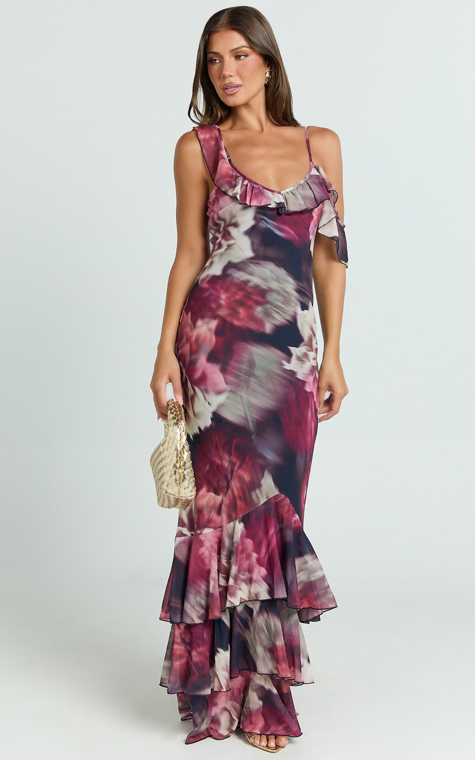Riley Maxi Elbise - Mariache Rose Desenli Asimetrik Fırfır Detaylı Maxi Elbise