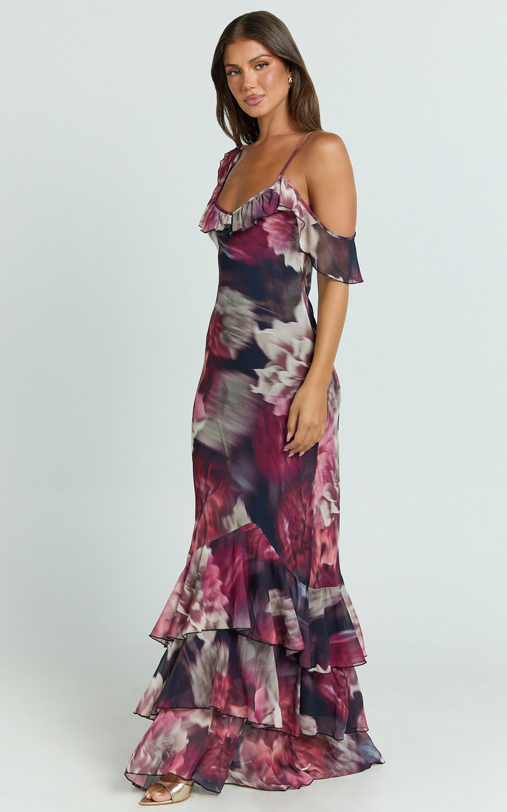 Riley Maxi Elbise - Mariache Rose Desenli Asimetrik Fırfır Detaylı Maxi Elbise