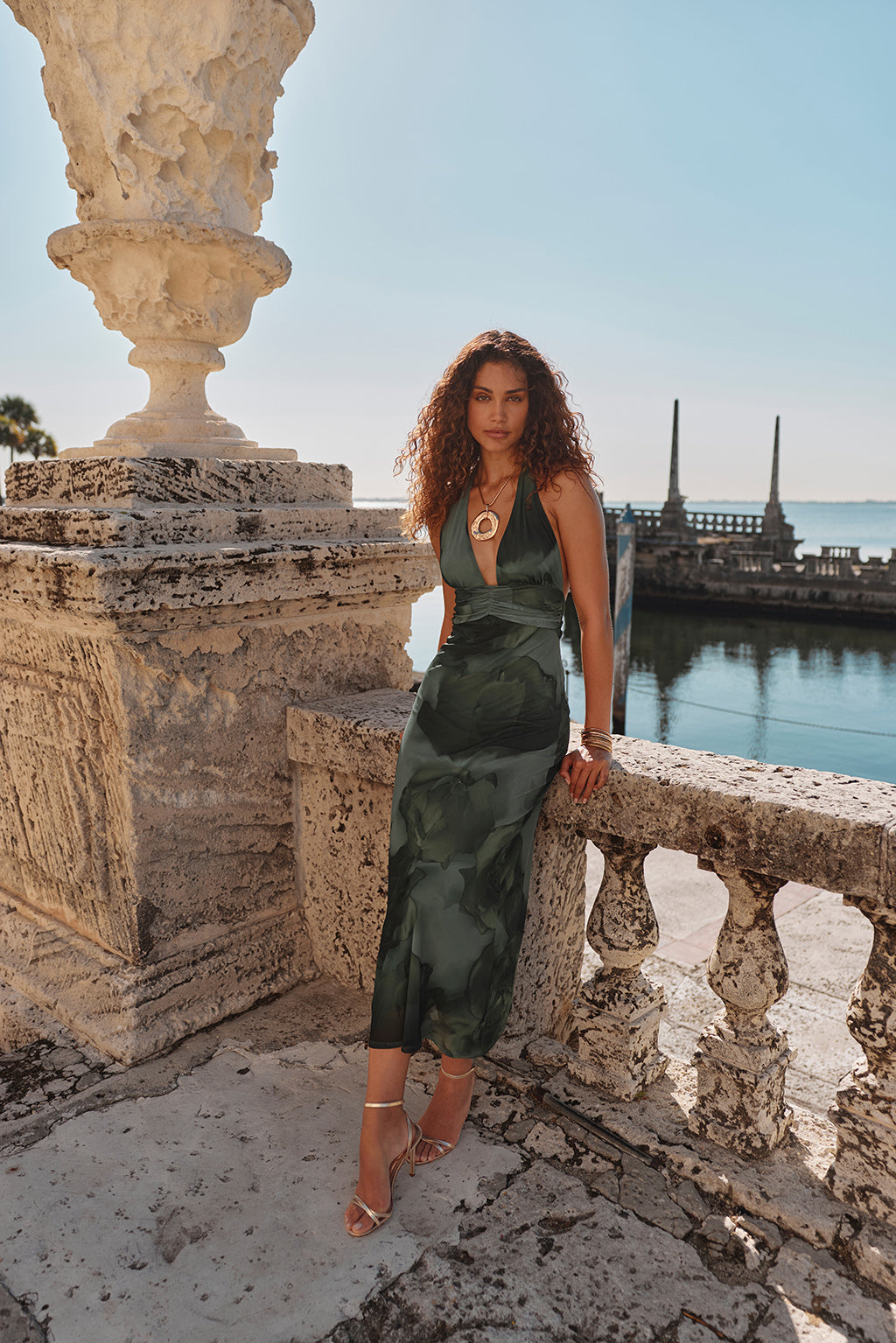 Rosalia Zümrüt Çiçekli File Maxi Elbise