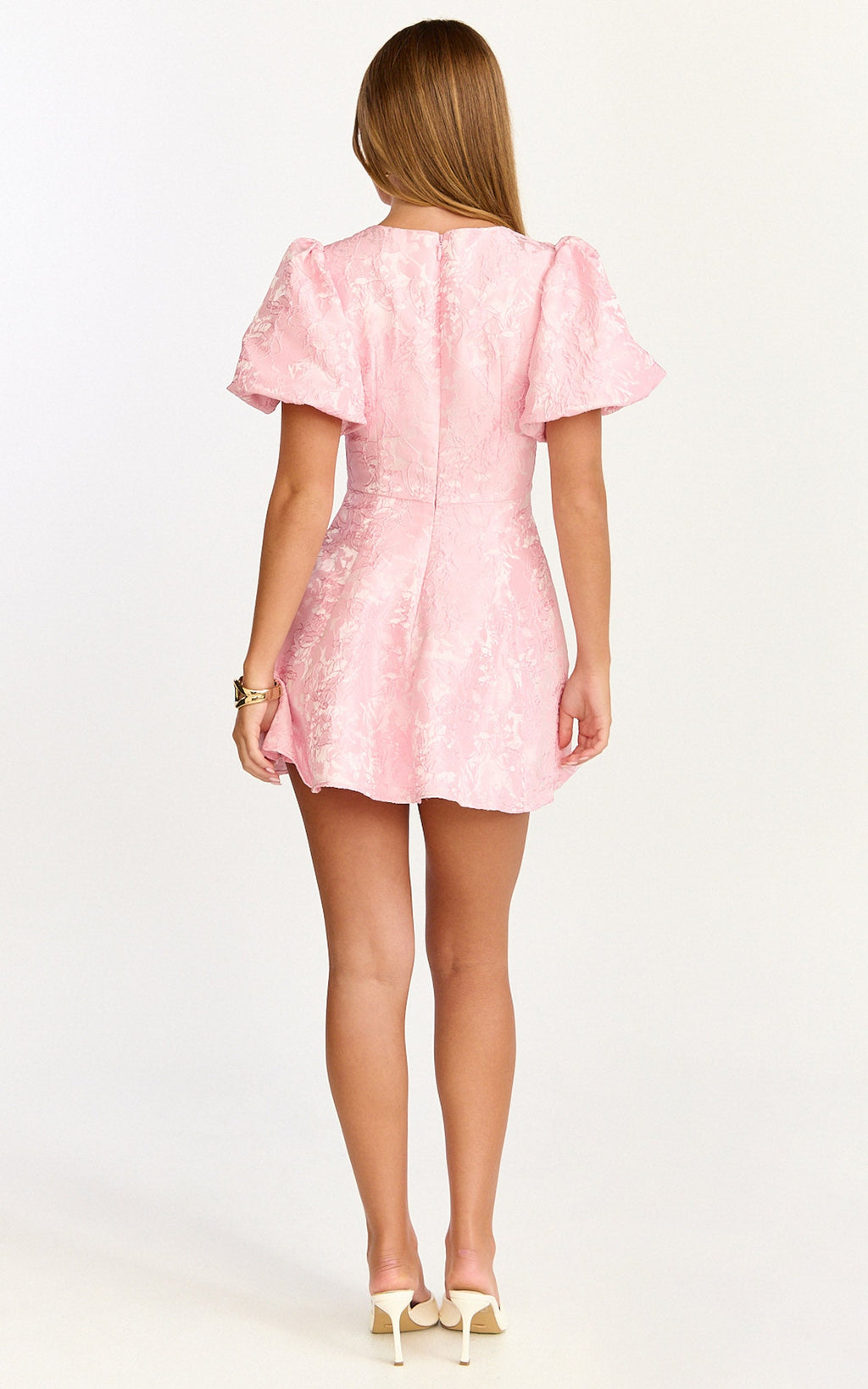 Rosalie Mini Elbise - Çiçek Jakarlı V Yaka Fit & Flare Elbise - Pembe
