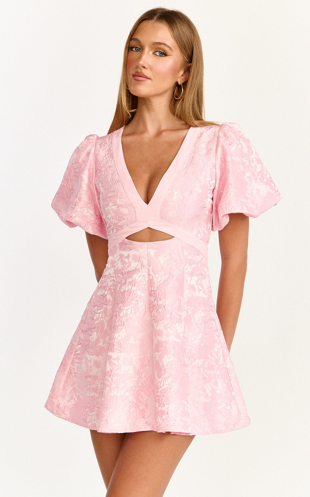 Rosalie Mini Elbise - Çiçek Jakarlı V Yaka Fit & Flare Elbise - Pembe