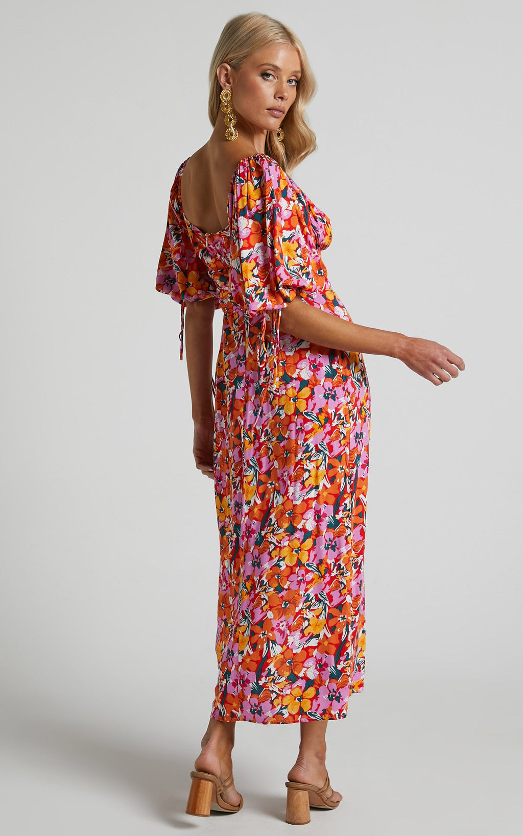 Rosario Midi Elbise - Spring Floral Desenli Büzgülü Göğüs Balon Kollu Elbise