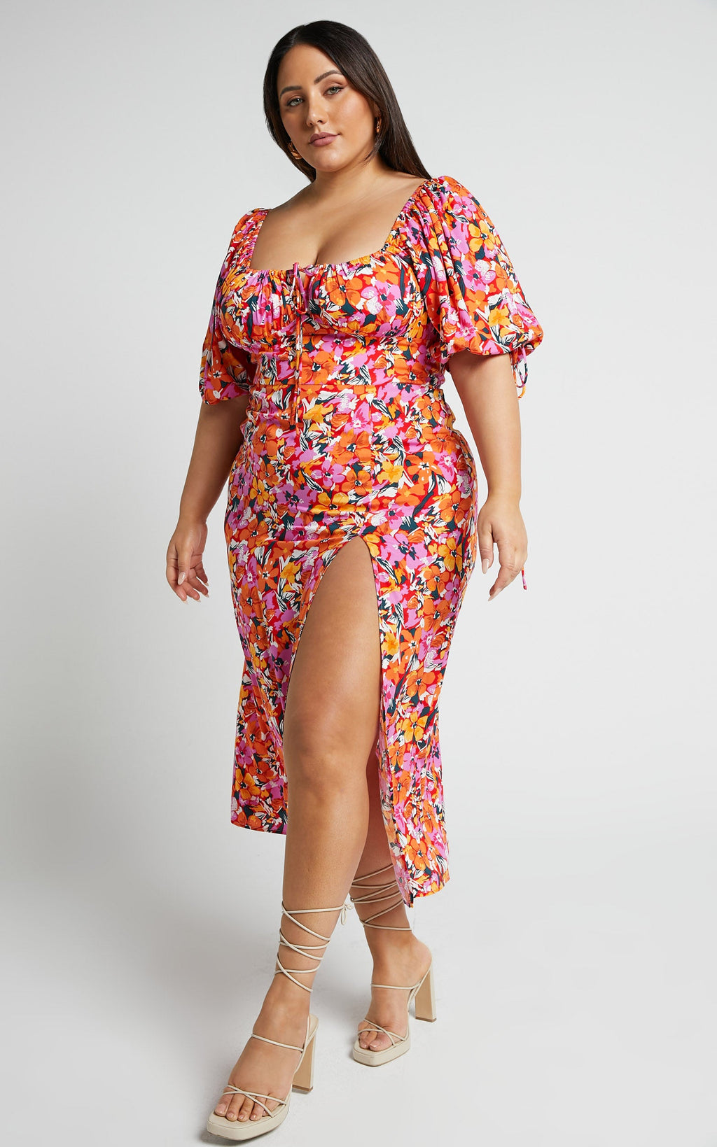 Rosario Midi Elbise - Spring Floral Desenli Büzgülü Göğüs Balon Kollu Elbise