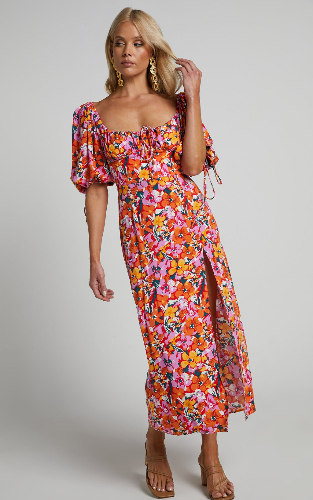Rosario Midi Elbise - Spring Floral Desenli Büzgülü Göğüs Balon Kollu Elbise