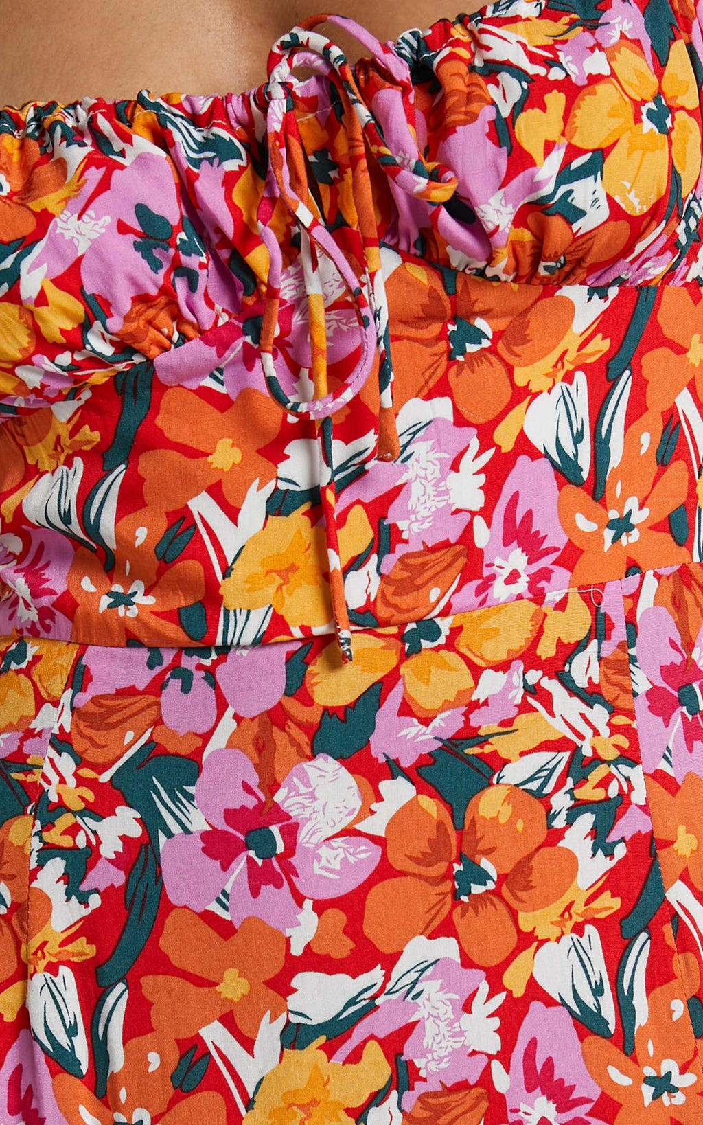 Rosario Midi Elbise - Spring Floral Desenli Büzgülü Göğüs Balon Kollu Elbise