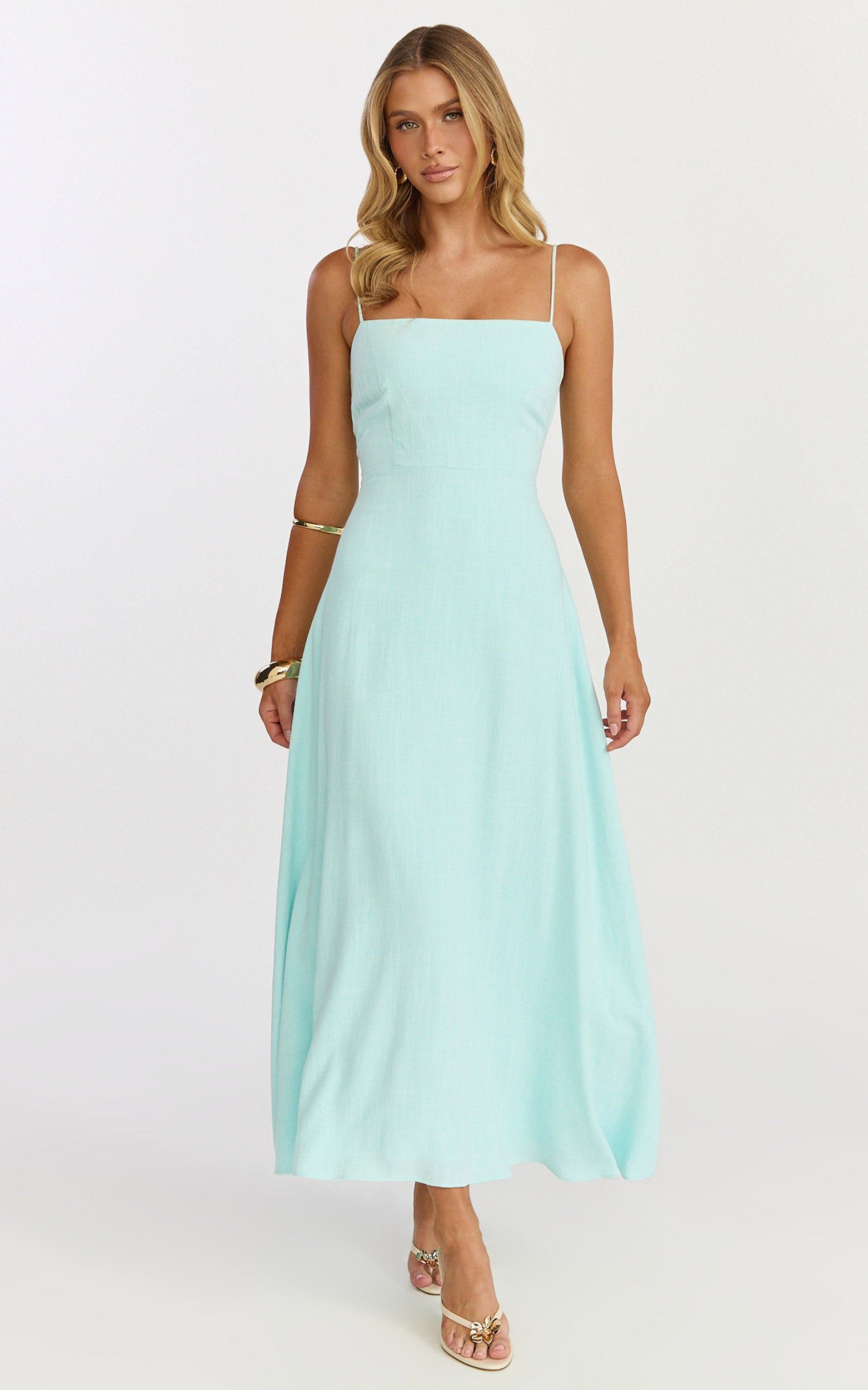 Rose Midi Elbise - İnce Askılı Düz Yaka Midi Elbise - Mint