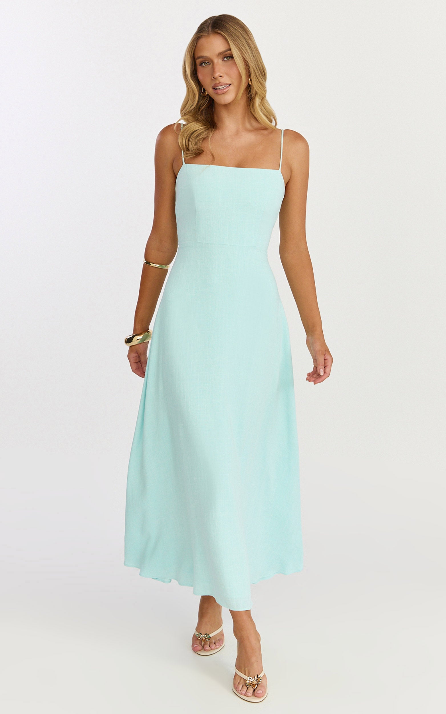 Rose Midi Elbise - İnce Askılı Düz Yaka Midi Elbise - Mint