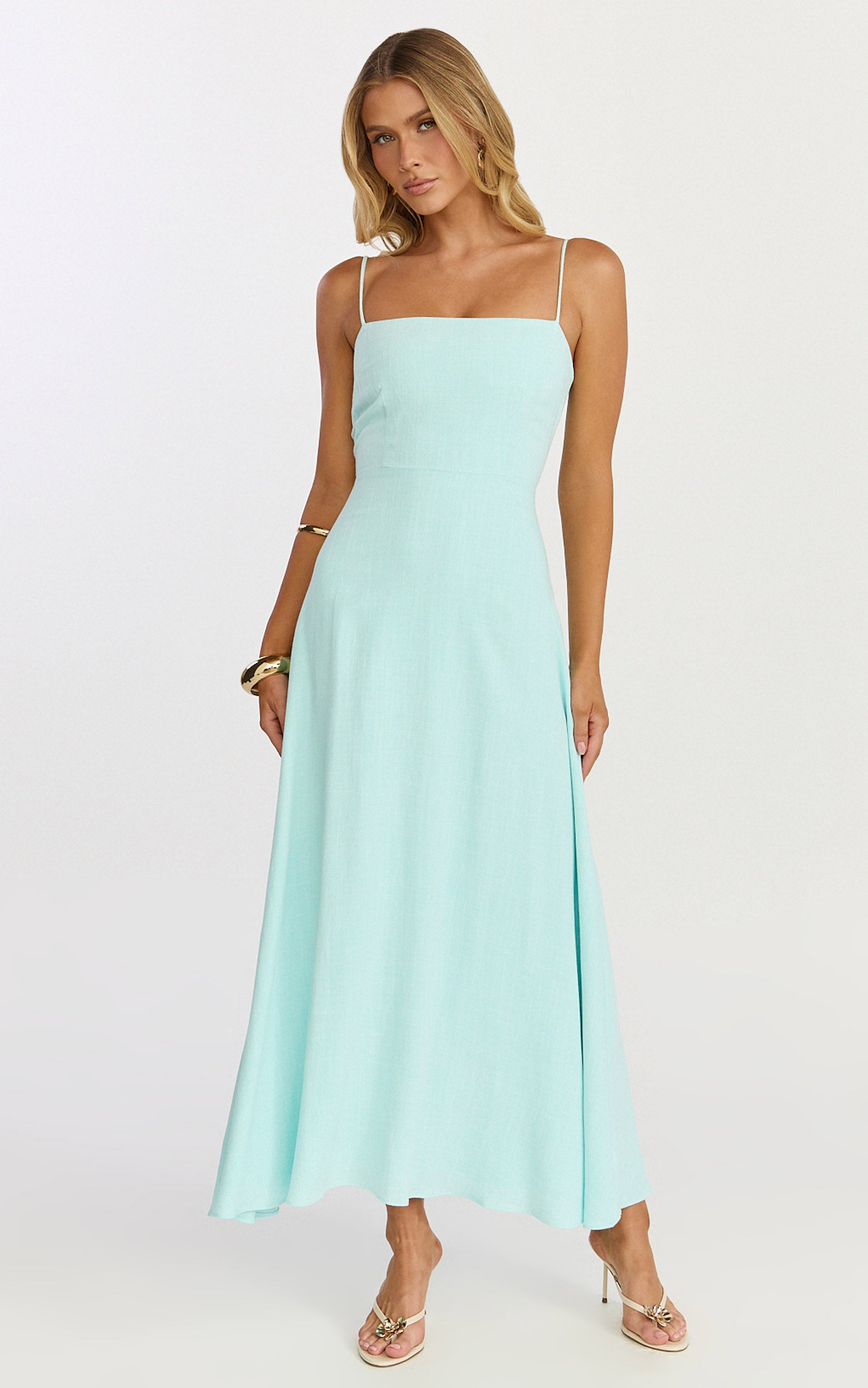 Rose Midi Elbise - İnce Askılı Düz Yaka Midi Elbise - Mint