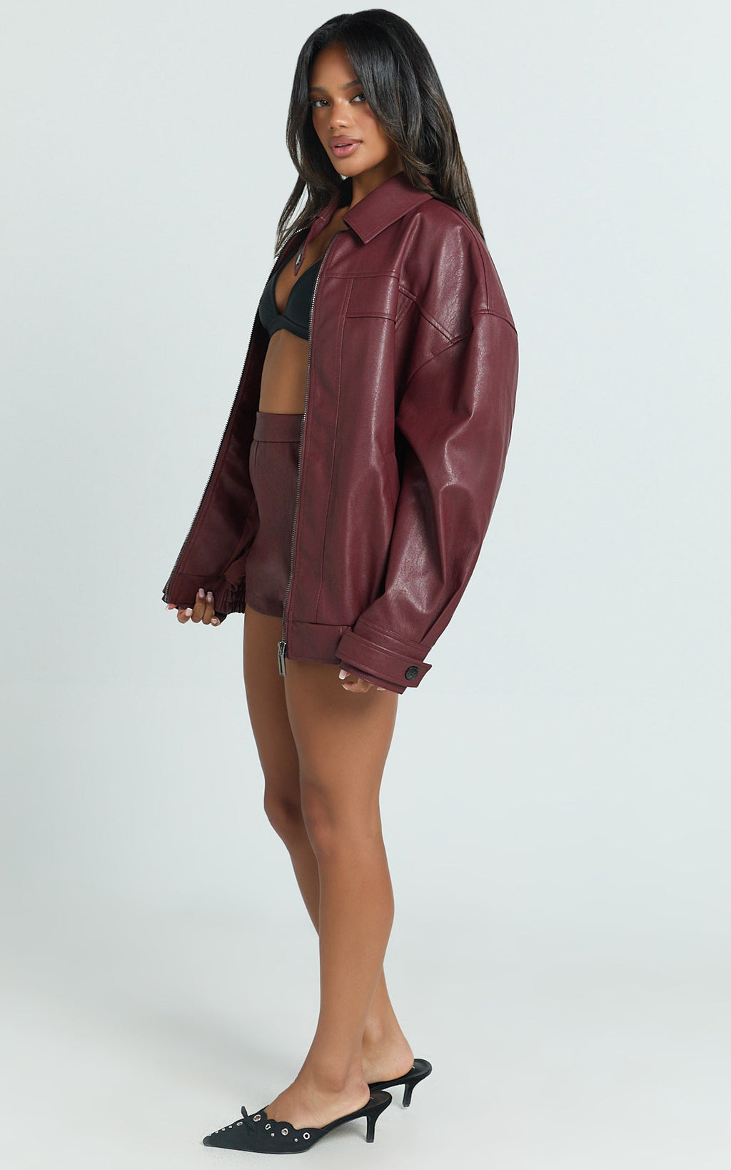 Rosetta Ceket - Bordo Oversize Suni Deri Bomber Ceket