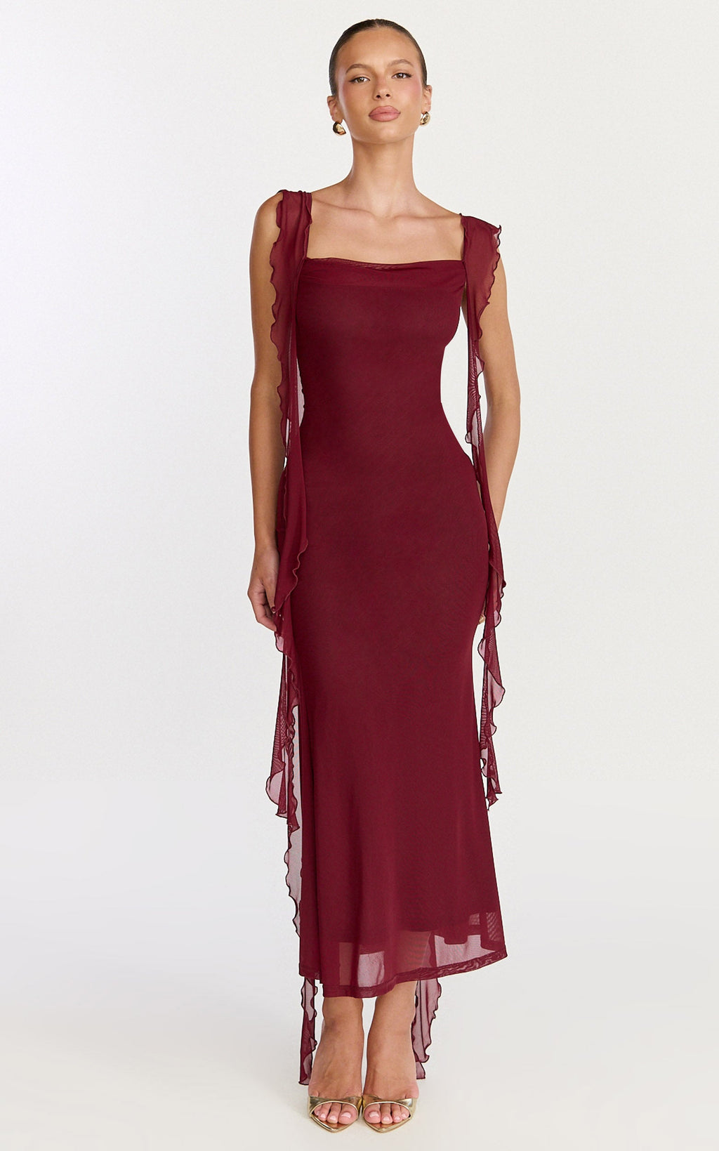 Rosha Midi Elbise - Bordo Fırfırlı Askılı Elbise