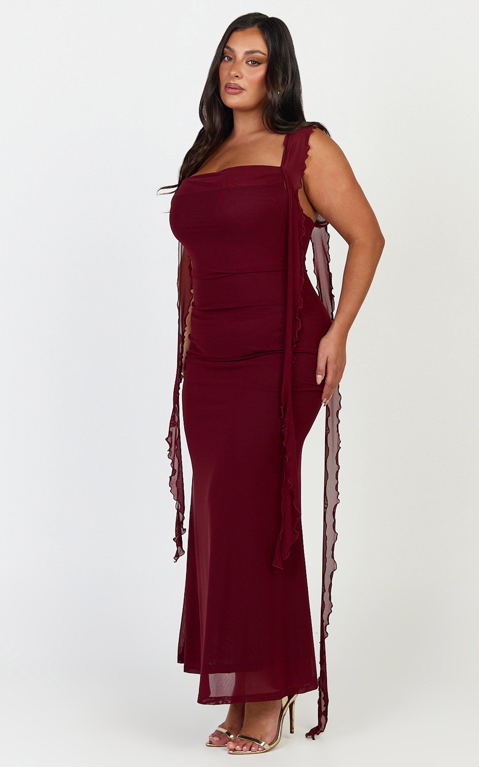 Rosha Midi Elbise - Bordo Fırfırlı Askılı Elbise