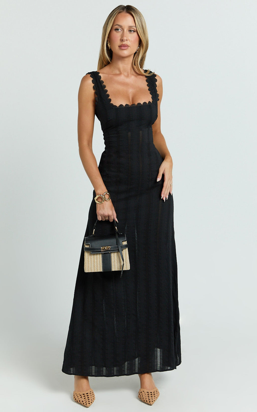 Roxanne Midi Elbise - Kare Yaka Fit & Flare Siyah Elbise