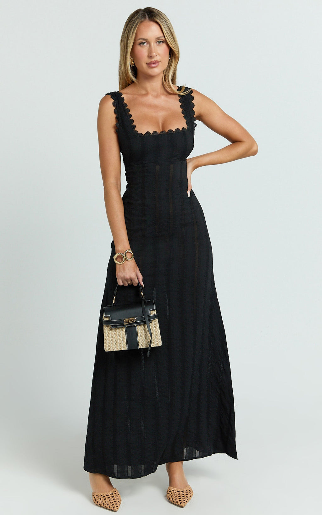 Roxanne Midi Elbise - Kare Yaka Fit & Flare Siyah Elbise