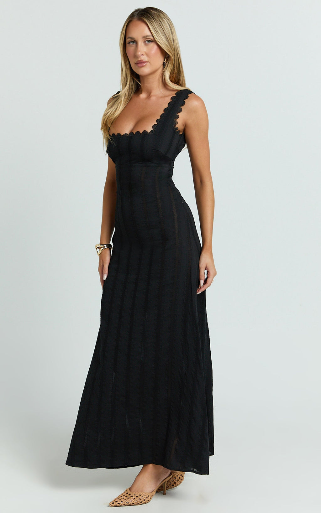 Roxanne Midi Elbise - Kare Yaka Fit & Flare Siyah Elbise