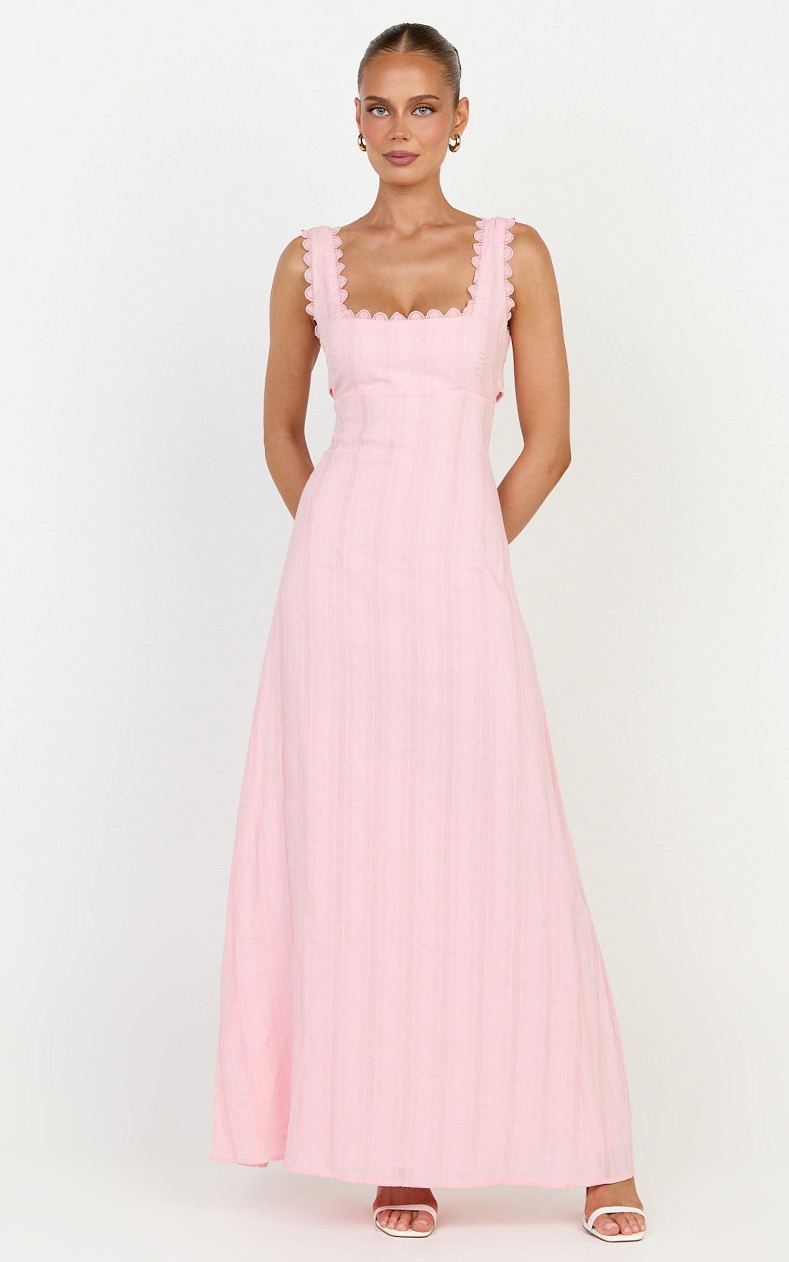 Roxanne Midi Elbise - Pembe Kare Yaka Fit & Flare Elbise